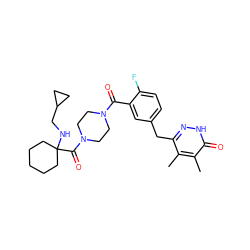 Cc1c(Cc2ccc(F)c(C(=O)N3CCN(C(=O)C4(NCC5CC5)CCCCC4)CC3)c2)n[nH]c(=O)c1C ZINC000045391177