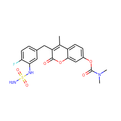 Cc1c(Cc2ccc(F)c(NS(N)(=O)=O)c2)c(=O)oc2cc(OC(=O)N(C)C)ccc12 ZINC000103251020