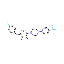 Cc1c(Cc2ccc(F)cc2)nnc(N2CCN(c3ccc(C(F)(F)F)cn3)CC2)c1C ZINC000201145937