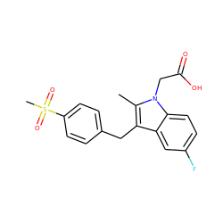 Cc1c(Cc2ccc(S(C)(=O)=O)cc2)c2cc(F)ccc2n1CC(=O)O ZINC000038331213