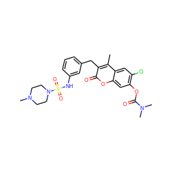 Cc1c(Cc2cccc(NS(=O)(=O)N3CCN(C)CC3)c2)c(=O)oc2cc(OC(=O)N(C)C)c(Cl)cc12 ZINC000103283503