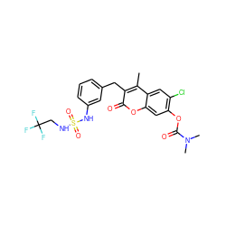 Cc1c(Cc2cccc(NS(=O)(=O)NCC(F)(F)F)c2)c(=O)oc2cc(OC(=O)N(C)C)c(Cl)cc12 ZINC000103283487