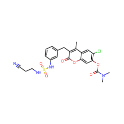 Cc1c(Cc2cccc(NS(=O)(=O)NCCC#N)c2)c(=O)oc2cc(OC(=O)N(C)C)c(Cl)cc12 ZINC000103283492