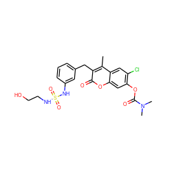 Cc1c(Cc2cccc(NS(=O)(=O)NCCO)c2)c(=O)oc2cc(OC(=O)N(C)C)c(Cl)cc12 ZINC000103283495