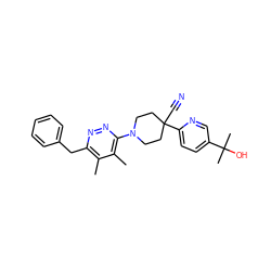 Cc1c(Cc2ccccc2)nnc(N2CCC(C#N)(c3ccc(C(C)(C)O)cn3)CC2)c1C ZINC000139756262