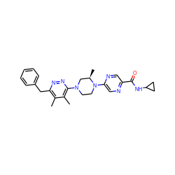 Cc1c(Cc2ccccc2)nnc(N2CCN(c3cnc(C(=O)NC4CC4)cn3)[C@H](C)C2)c1C ZINC000201150577