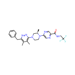 Cc1c(Cc2ccccc2)nnc(N2CCN(c3cnc(C(=O)NCC(F)(F)F)cn3)[C@H](C)C2)c1C ZINC000201143881