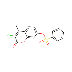 Cc1c(Cl)c(=O)oc2cc(OS(=O)(=O)c3ccccc3)ccc12 ZINC000059445708