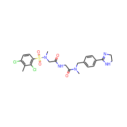 Cc1c(Cl)ccc(S(=O)(=O)N(C)CC(=O)NCC(=O)N(C)Cc2ccc(C3=NCCN3)cc2)c1Cl ZINC000084740628