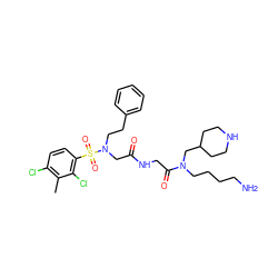 Cc1c(Cl)ccc(S(=O)(=O)N(CCc2ccccc2)CC(=O)NCC(=O)N(CCCCN)CC2CCNCC2)c1Cl ZINC000084690241