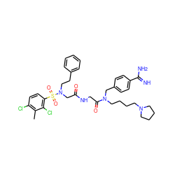 Cc1c(Cl)ccc(S(=O)(=O)N(CCc2ccccc2)CC(=O)NCC(=O)N(CCCCN2CCCC2)Cc2ccc(C(=N)N)cc2)c1Cl ZINC000084731143