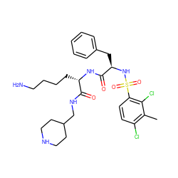 Cc1c(Cl)ccc(S(=O)(=O)N[C@H](Cc2ccccc2)C(=O)N[C@@H](CCCCN)C(=O)NCC2CCNCC2)c1Cl ZINC000084731138