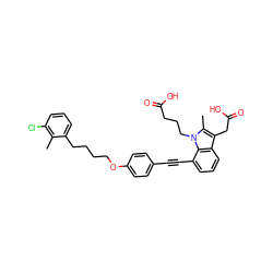 Cc1c(Cl)cccc1CCCCOc1ccc(C#Cc2cccc3c(CC(=O)O)c(C)n(CCCC(=O)O)c23)cc1 ZINC000473247860