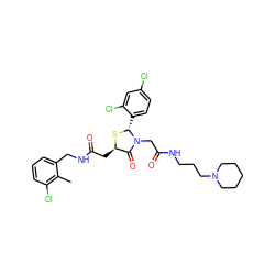 Cc1c(Cl)cccc1CNC(=O)C[C@H]1S[C@H](c2ccc(Cl)cc2Cl)N(CC(=O)NCCCN2CCCCC2)C1=O ZINC000029393140