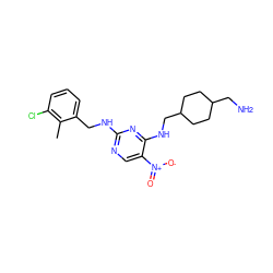 Cc1c(Cl)cccc1CNc1ncc([N+](=O)[O-])c(NCC2CCC(CN)CC2)n1 ZINC000028898558