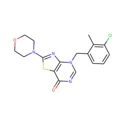 Cc1c(Cl)cccc1Cn1cnc(=O)c2sc(N3CCOCC3)nc21 ZINC000084687322