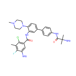 Cc1c(F)c(N)cc(C(=O)Nc2cc(-c3ccc(NC(=O)C(C)(C)N)cc3)ccc2N2CCN(C)CC2)c1Cl ZINC001772613633