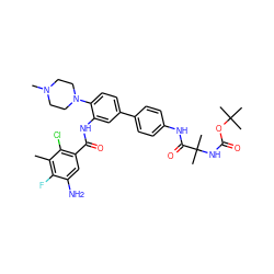 Cc1c(F)c(N)cc(C(=O)Nc2cc(-c3ccc(NC(=O)C(C)(C)NC(=O)OC(C)(C)C)cc3)ccc2N2CCN(C)CC2)c1Cl ZINC001772593665