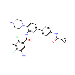 Cc1c(F)c(N)cc(C(=O)Nc2cc(-c3ccc(NC(=O)C4CC4)cc3)ccc2N2CCN(C)CC2)c1Cl ZINC001772571347