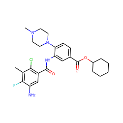 Cc1c(F)c(N)cc(C(=O)Nc2cc(C(=O)OC3CCCCC3)ccc2N2CCN(C)CC2)c1Cl ZINC001772650161