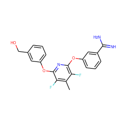 Cc1c(F)c(Oc2cccc(CO)c2)nc(Oc2cccc(C(=N)N)c2)c1F ZINC000013474029