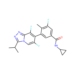 Cc1c(F)cc(C(=O)NC2CC2)cc1-c1c(F)cn2c(C(C)C)nnc2c1F ZINC000084730828