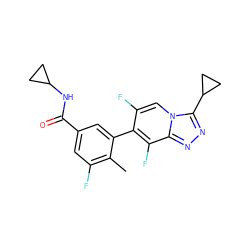 Cc1c(F)cc(C(=O)NC2CC2)cc1-c1c(F)cn2c(C3CC3)nnc2c1F ZINC000084733732