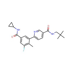 Cc1c(F)cc(C(=O)NC2CC2)cc1-c1ccc(C(=O)NCC(C)(C)C)cn1 ZINC000035793138