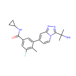 Cc1c(F)cc(C(=O)NC2CC2)cc1-c1ccn2c(C(C)(C)N)nnc2c1 ZINC000084741771