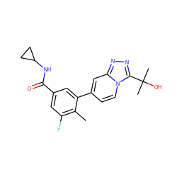 Cc1c(F)cc(C(=O)NC2CC2)cc1-c1ccn2c(C(C)(C)O)nnc2c1 ZINC000068119989