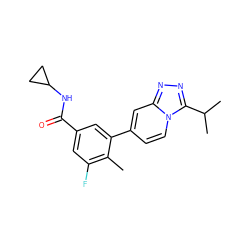 Cc1c(F)cc(C(=O)NC2CC2)cc1-c1ccn2c(C(C)C)nnc2c1 ZINC000068119988