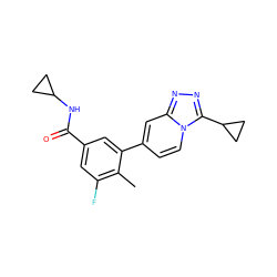 Cc1c(F)cc(C(=O)NC2CC2)cc1-c1ccn2c(C3CC3)nnc2c1 ZINC000084730900