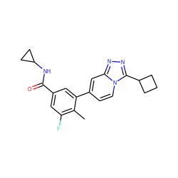 Cc1c(F)cc(C(=O)NC2CC2)cc1-c1ccn2c(C3CCC3)nnc2c1 ZINC000084703673