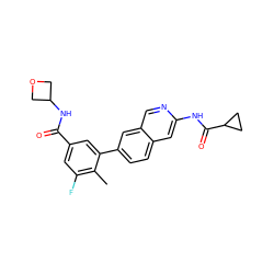 Cc1c(F)cc(C(=O)NC2COC2)cc1-c1ccc2cc(NC(=O)C3CC3)ncc2c1 ZINC000144368302