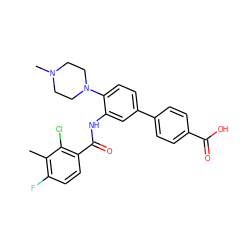 Cc1c(F)ccc(C(=O)Nc2cc(-c3ccc(C(=O)O)cc3)ccc2N2CCN(C)CC2)c1Cl ZINC000653859668