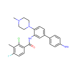 Cc1c(F)ccc(C(=O)Nc2cc(-c3ccc(N)cc3)ccc2N2CCN(C)CC2)c1Cl ZINC000653872491