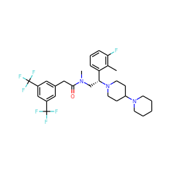 Cc1c(F)cccc1[C@@H](CN(C)C(=O)Cc1cc(C(F)(F)F)cc(C(F)(F)F)c1)N1CCC(N2CCCCC2)CC1 ZINC000027518057