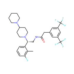 Cc1c(F)cccc1[C@@H](CNC(=O)Cc1cc(C(F)(F)F)cc(C(F)(F)F)c1)N1CCC(N2CCCCC2)CC1 ZINC000027442321