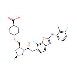 Cc1c(F)cccc1Nc1nc2ccc(CC(=O)N3C[C@@H](F)C[C@H]3CO[C@H]3CC[C@H](C(=O)O)CC3)c(F)c2o1 ZINC000261163459