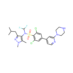 Cc1c(N(C(F)F)S(=O)(=O)c2c(Cl)cc(-c3ccnc(N4CCNCC4)c3)cc2Cl)c(CC(C)C)nn1C ZINC000199943064