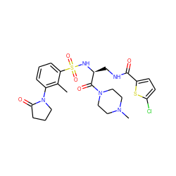 Cc1c(N2CCCC2=O)cccc1S(=O)(=O)N[C@@H](CNC(=O)c1ccc(Cl)s1)C(=O)N1CCN(C)CC1 ZINC000103240215