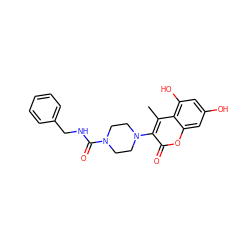 Cc1c(N2CCN(C(=O)NCc3ccccc3)CC2)c(=O)oc2cc(O)cc(O)c12 ZINC000045374704