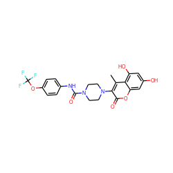 Cc1c(N2CCN(C(=O)Nc3ccc(OC(F)(F)F)cc3)CC2)c(=O)oc2cc(O)cc(O)c12 ZINC000045374260