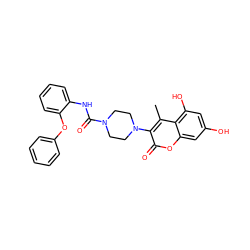 Cc1c(N2CCN(C(=O)Nc3ccccc3Oc3ccccc3)CC2)c(=O)oc2cc(O)cc(O)c12 ZINC000045386448