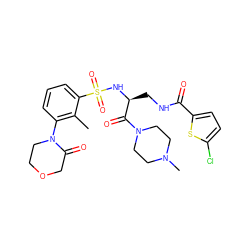 Cc1c(N2CCOCC2=O)cccc1S(=O)(=O)N[C@@H](CNC(=O)c1ccc(Cl)s1)C(=O)N1CCN(C)CC1 ZINC000103240171