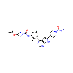 Cc1c(NC(=O)N2CC(OC(C)C)C2)cc(F)cc1-c1ncnc2[nH]c(C3=CCN(C(=O)N(C)C)CC3)cc12 ZINC000142926895