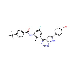 Cc1c(NC(=O)c2ccc(C(C)(C)C)cc2)cc(F)cc1-c1ncnc2[nH]c(C3=CC[C@@H](O)CC3)cc12 ZINC000142950915