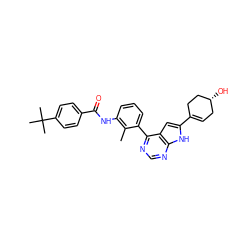 Cc1c(NC(=O)c2ccc(C(C)(C)C)cc2)cccc1-c1ncnc2[nH]c(C3=CC[C@@H](O)CC3)cc12 ZINC000142953336