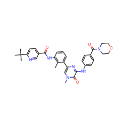 Cc1c(NC(=O)c2ccc(C(C)(C)C)nc2)cccc1-c1cn(C)c(=O)c(Nc2ccc(C(=O)N3CCOCC3)cc2)n1 ZINC000070718727