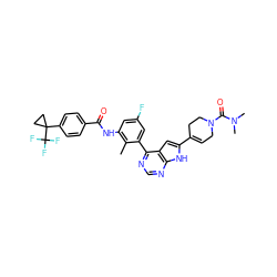 Cc1c(NC(=O)c2ccc(C3(C(F)(F)F)CC3)cc2)cc(F)cc1-c1ncnc2[nH]c(C3=CCN(C(=O)N(C)C)CC3)cc12 ZINC000142876163